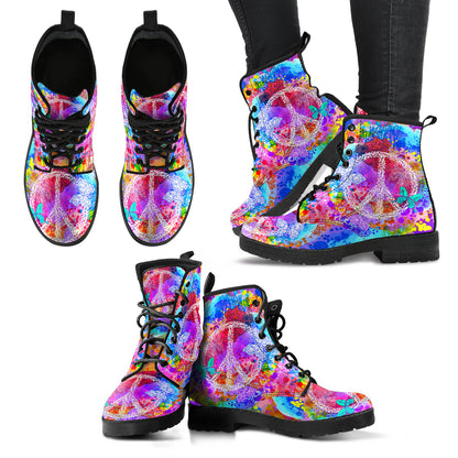Colorful Peace Sign Hippie Womens Boots, Fashion Combat Boots, Vegan Leather Boots, Custom Shoes, Custom Boots, Cool Shoes