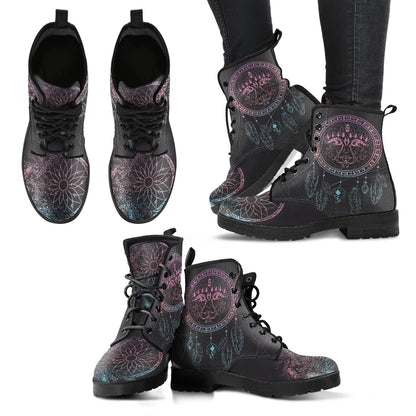 Boho Sun Dream Catcher Mandala Womens Boots, Fashion Combat Boots, Vegan Leather Boots, Custom Shoes, Custom Boots, Cool Shoes