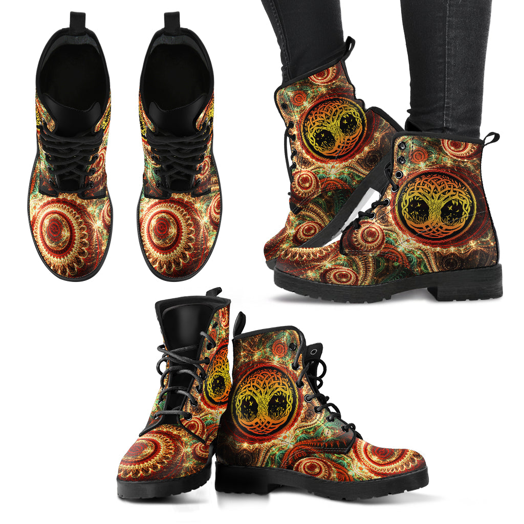 Brown Tree of Life Decor Womens Boots, Fashion Combat Boots, Vegan Leather Boots, Custom Shoes, Custom Boots, Cool Shoes