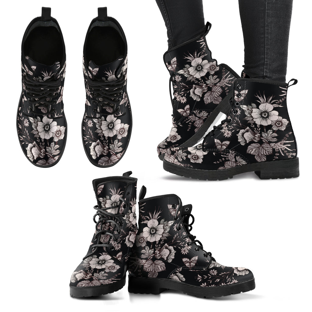 Black & White Flowers Womens Boots Fashion Combat Boots, Vegan Leather Boots, Custom Shoes, Custom Boots, Cool Shoes