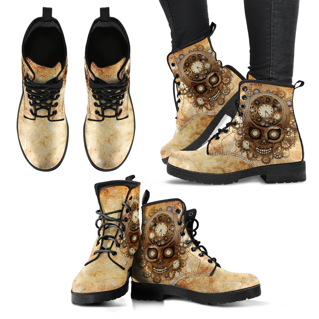 Skull clock and gear printed boots, paired product view