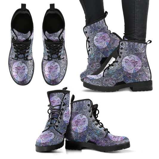 Watercolor Sun Moon Mandala Women's Leather Boots