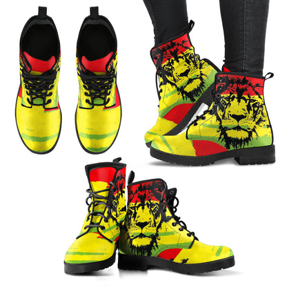 Colorful Rasta Lion Womens Boots, Fashion Combat Boots, Vegan Leather Boots, Custom Shoes, Custom Boots, Cool Shoes
