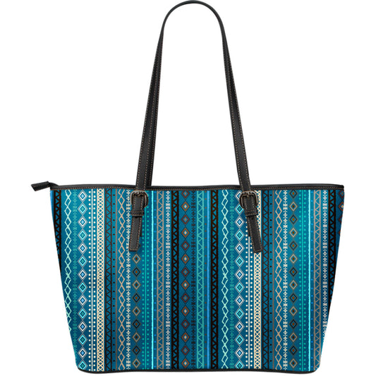Teal Boho Stripes Decor Leather Tote Bag