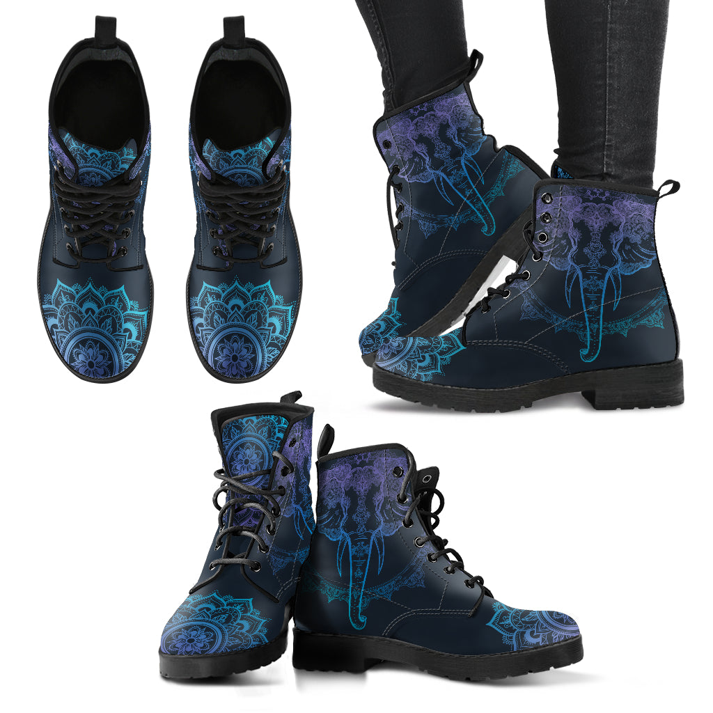 Blue Spiritual Elephant Mandala Womens Boots, Fashion Combat Boots, Vegan Leather Boots, Custom Shoes, Custom Boots, Cool Shoes