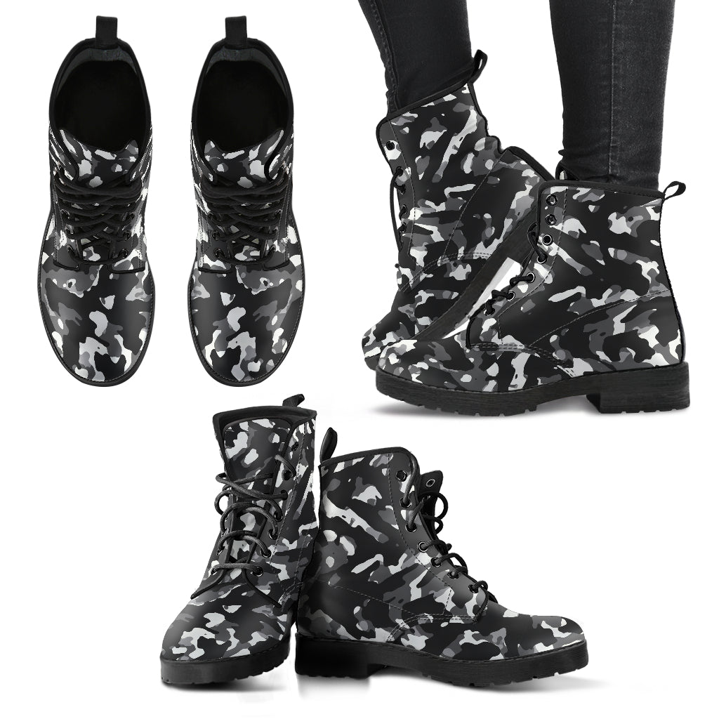 Black Camouflage Womens Boots Fashion Combat Boots, Vegan Leather Boots, Custom Shoes, Custom Boots, Cool Shoes