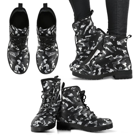 Black Camouflage Womens Boots Fashion Combat Boots, Vegan Leather Boots, Custom Shoes, Custom Boots, Cool Shoes