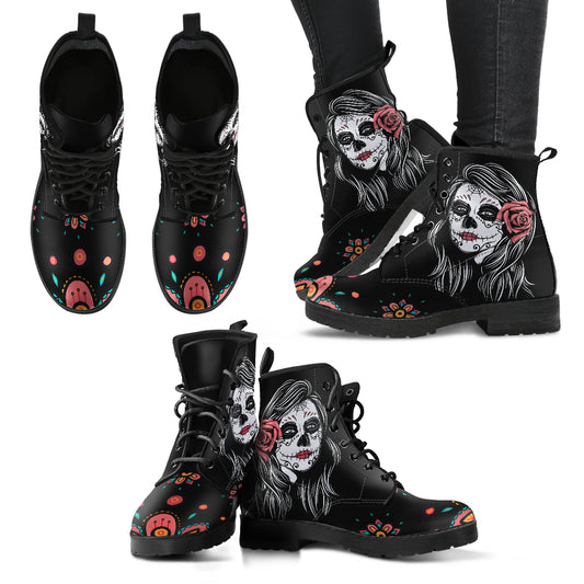 Calavera Women's Leather Boots, Fashion Combat Boots, Vegan Leather Boots, Custom Shoes, Custom Boots, Cool Shoes