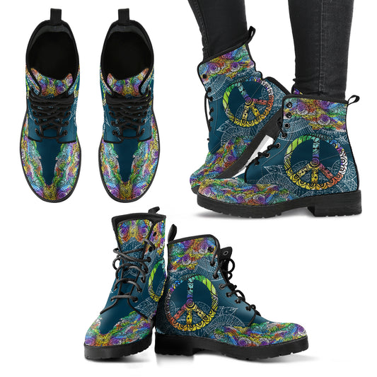 Colorful Peace Mandala Handcrafted Boots, Fashion Combat Boots, Vegan Leather Boots, Custom Shoes, Custom Boots, Cool Shoes