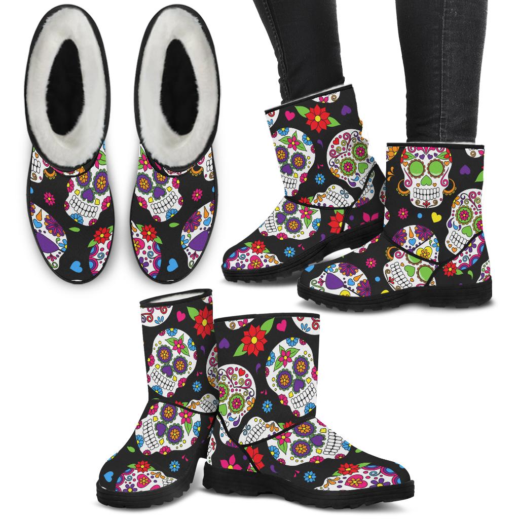 Colorful Sugar Skulls Faux Fur Boots