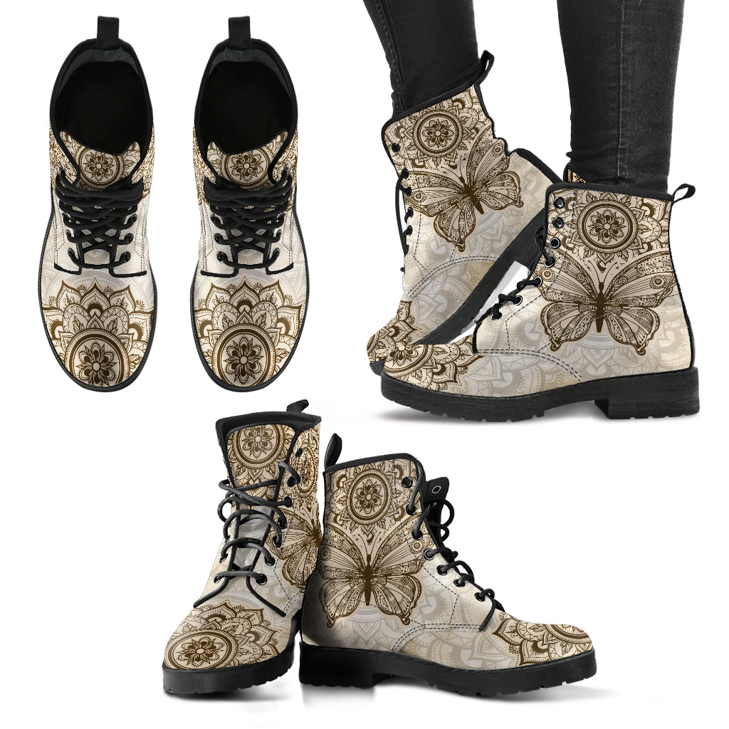 Beige Boho Butterfly Mandala Women's Boots