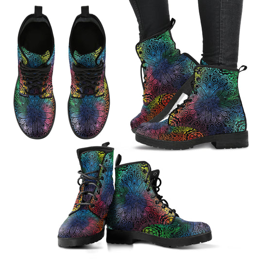 Colorful Mandala Handcrafted Boots, Fashion Combat Boots, Vegan Leather Boots, Custom Shoes, Custom Boots, Cool Shoes