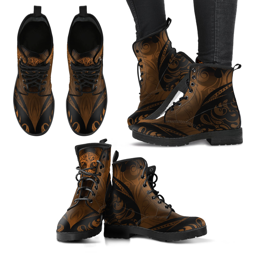 Brown Tree of Life Decor Brown, Fashion Combat Boots, Vegan Leather Boots, Custom Shoes, Custom Boots, Cool Shoes