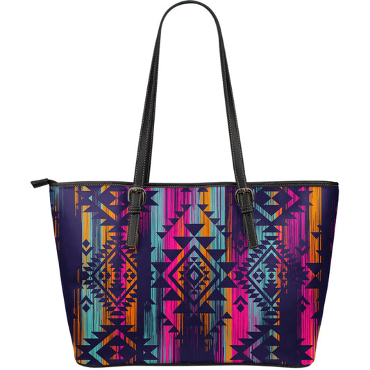 Colorful Boho Aztec Streaks Leather Tote Bag