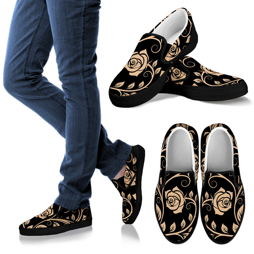 Tan Roses Decor Slip On Shoes