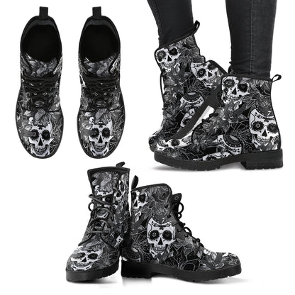Black & White Skulls Womens Boots Fashion Combat Boots, Vegan Leather Boots, Custom Shoes, Custom Boots, Cool Shoes