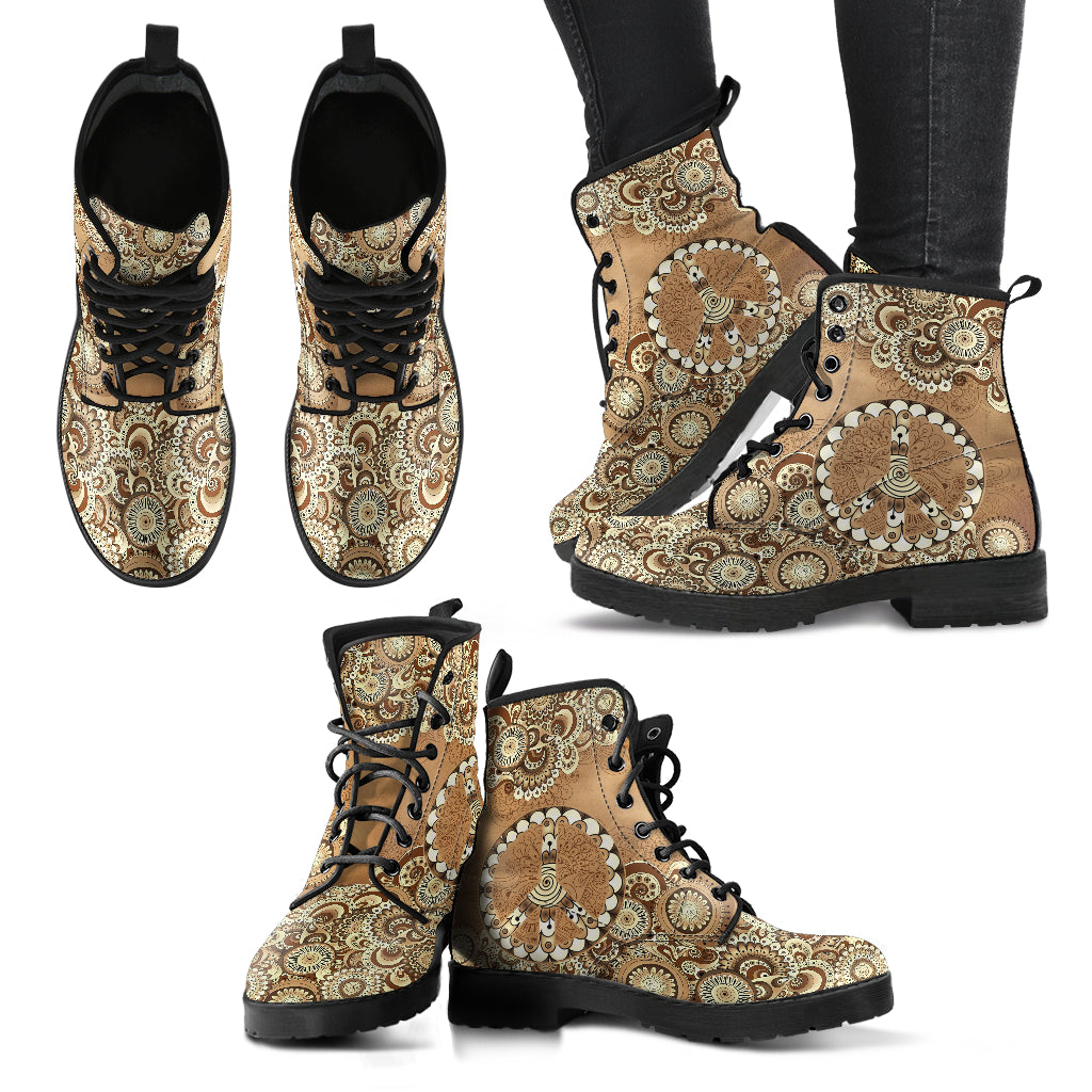 Brown peace sign and mandala printed boots