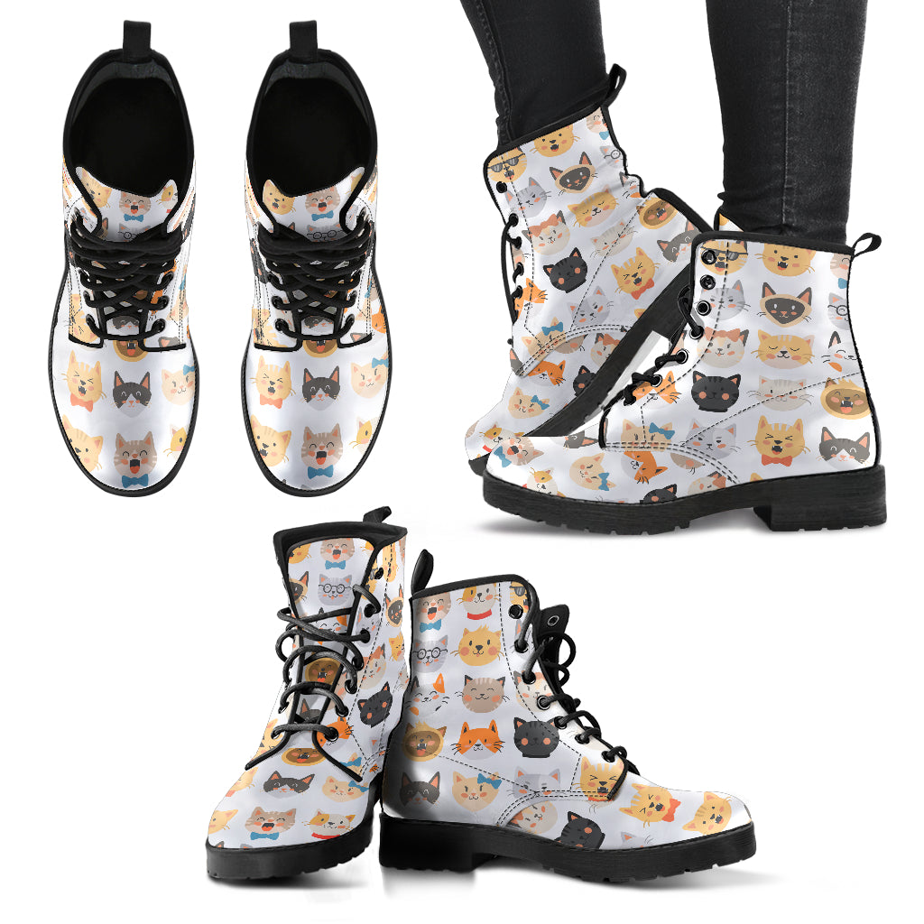 Adorable Cat Faces Boots (Women's) Fashion Combat Boots, Vegan Leather Boots, Custom Shoes, Custom Boots, Cool Shoes