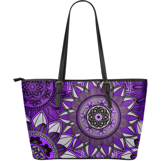 Purple Floral Mandalas Leather Tote Bag