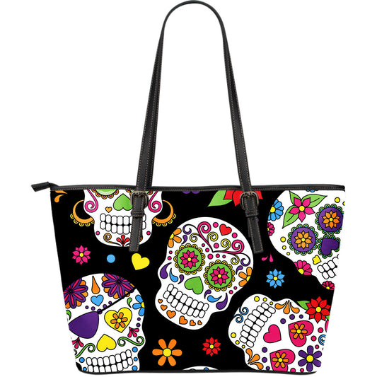 Colorful Sugar Skulls Leather Tote Bag