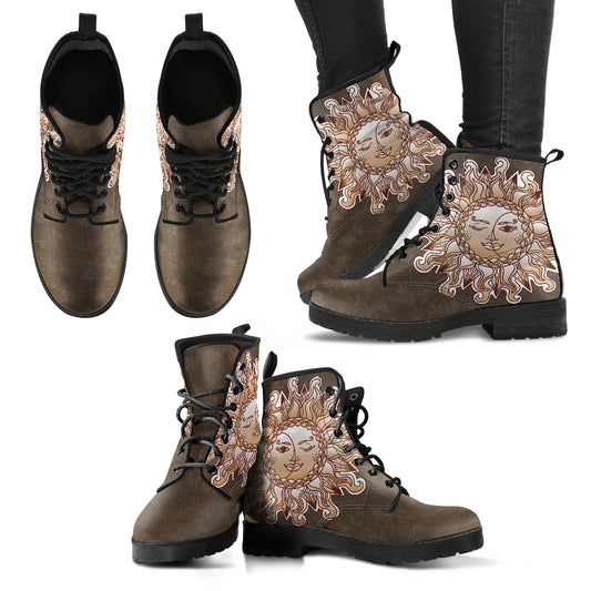 Brown Sun Moon Women's Leather Boots, Fashion Combat Boots, Vegan Leather Boots, Custom Shoes, Custom Boots, Cool Shoes