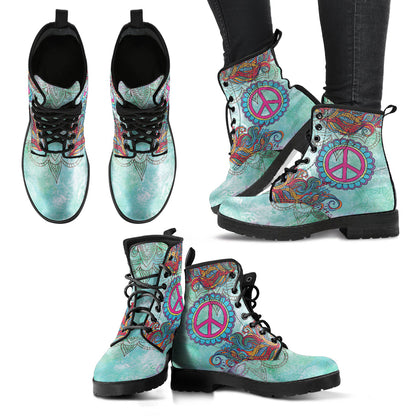 Light Green Teal Peace Sign Hippie Decor Womens Boots