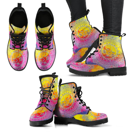 Watercolor Sun Moon Mandala Women's Leather Boots