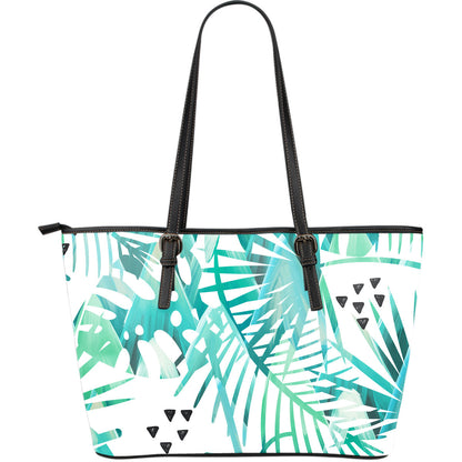 Teal Green Leaves Leather Tote Bag