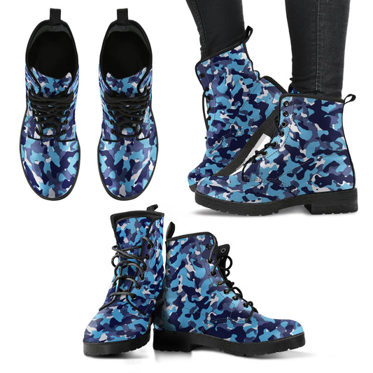 Blue Camouflage Womens Boots, Fashion Combat Boots, Vegan Leather Boots, Custom Shoes, Custom Boots, Cool Shoes