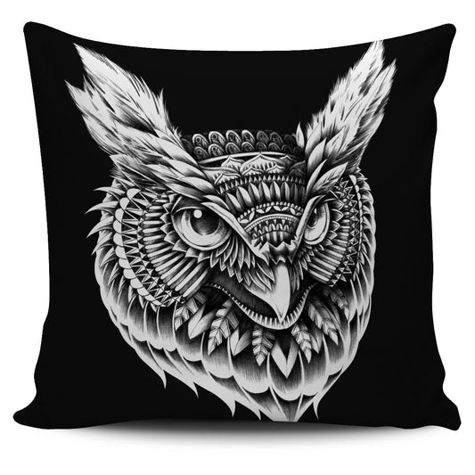 ORNATE OWL HEAD PILLOW COVER - BLACK