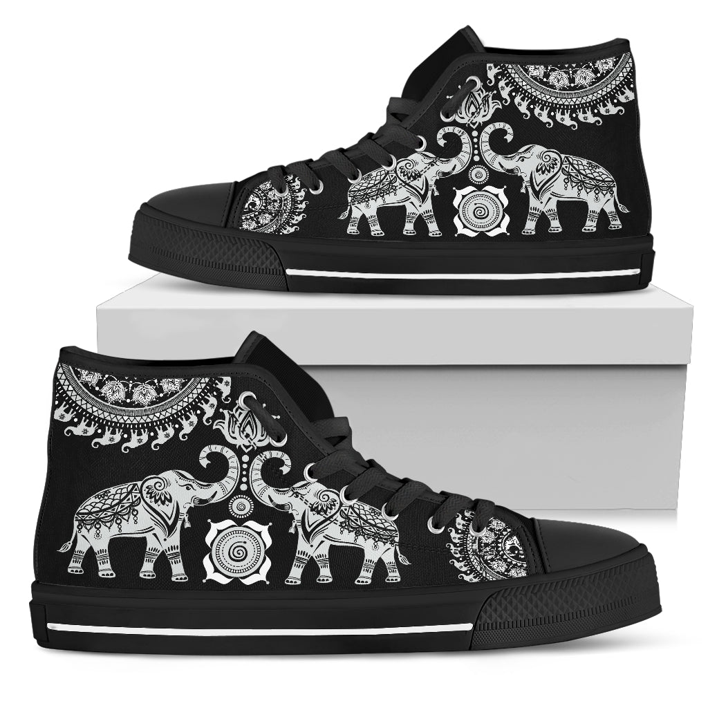 Elephant mandala high-top shoes, black pair