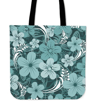 Teal Green Aloha Flowers Canvas Tote Bag