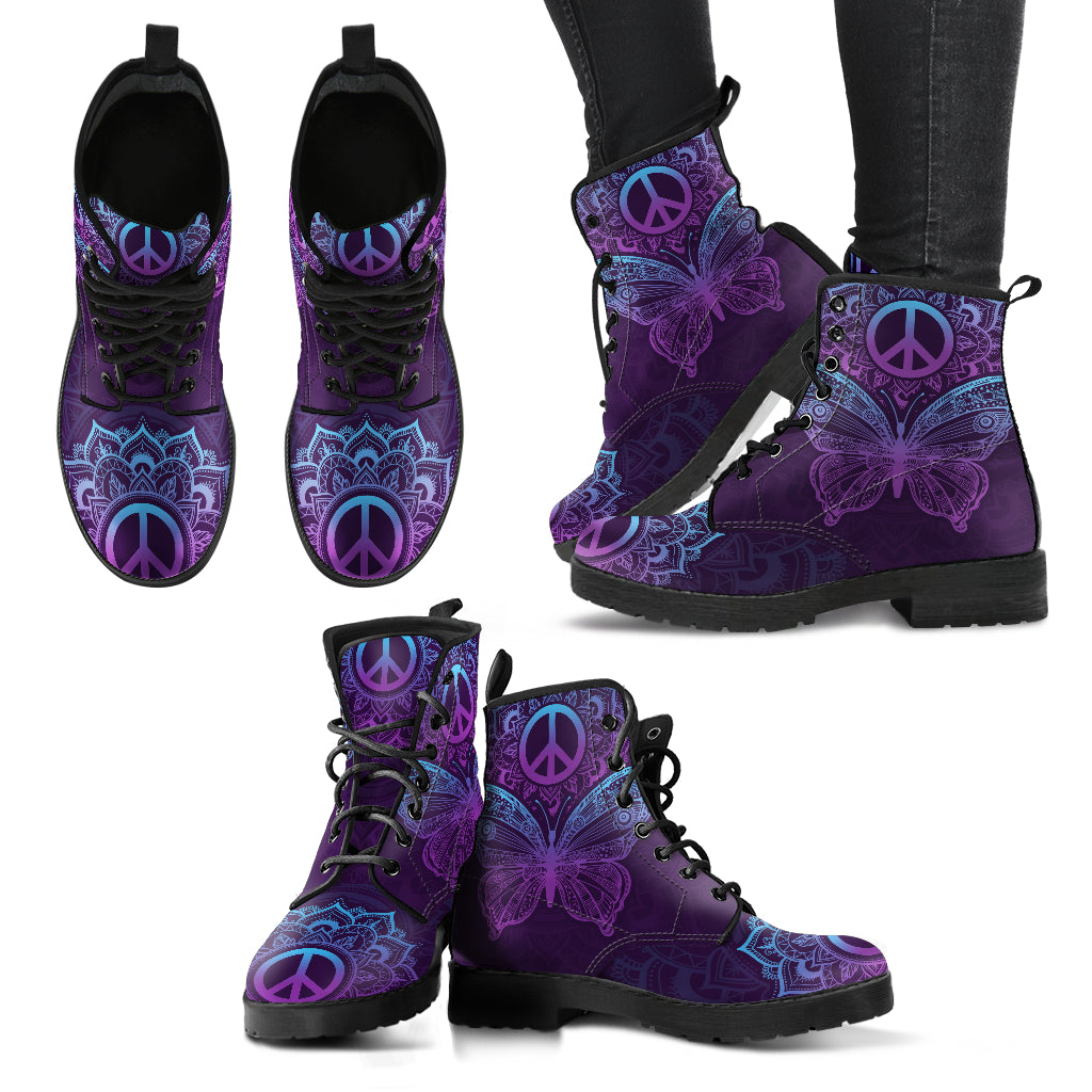 Purple butterfly peace sign mandala women’s printed boots – product image 3