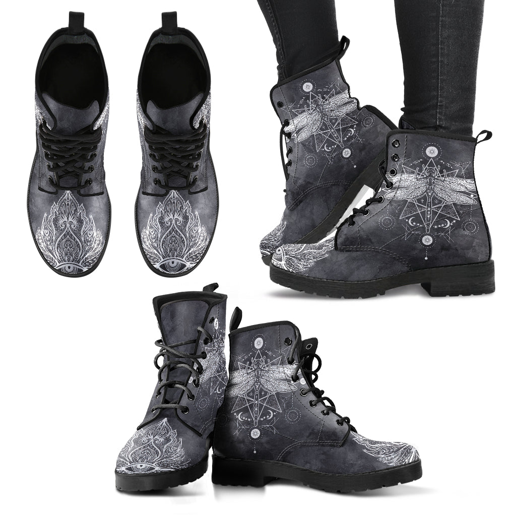 Grey Boho Dragonfly Lotus Womens Boots