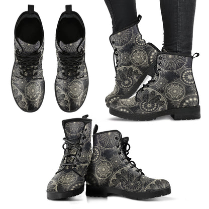 Brown Boho Mandalas Womens Boots, Fashion Combat Boots, Vegan Leather Boots, Custom Shoes, Custom Boots, Cool Shoes