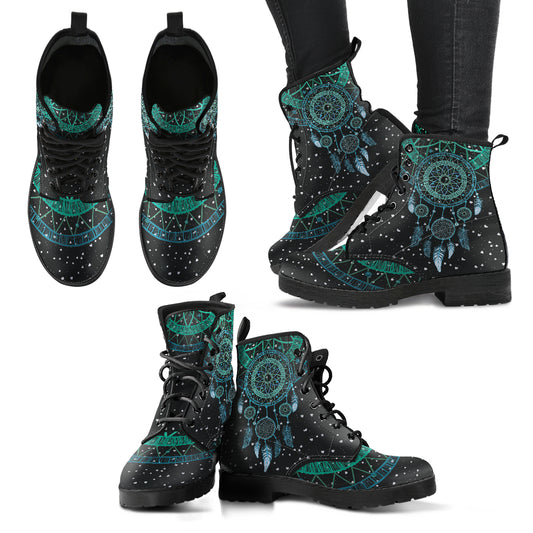 Dream Catcher Mandala Women's Leather Boots, Womans Combat boots, Boho Hippie Boots