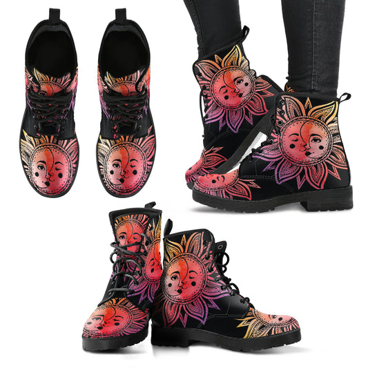 Watercolor Sun Moon Mandala Women's Leather Boots