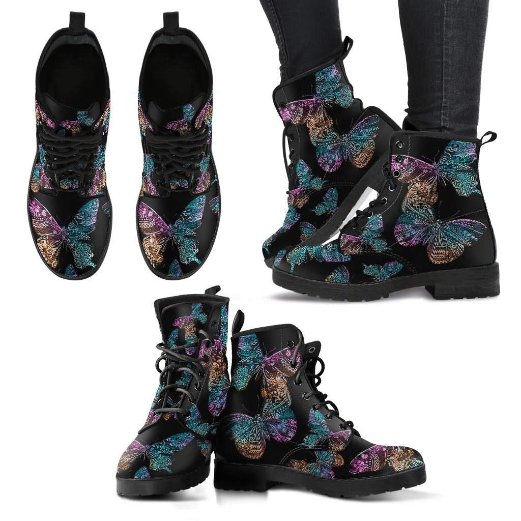 Boho Butterflies Womens Boots, Fashion Combat Boots, Vegan Leather Boots, Custom Shoes, Custom Boots, Cool Shoes