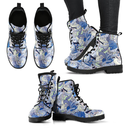 Blue Funky Abstract Womens Boots, Fashion Combat Boots, Vegan Leather Boots, Custom Shoes, Custom Boots, Cool Shoes