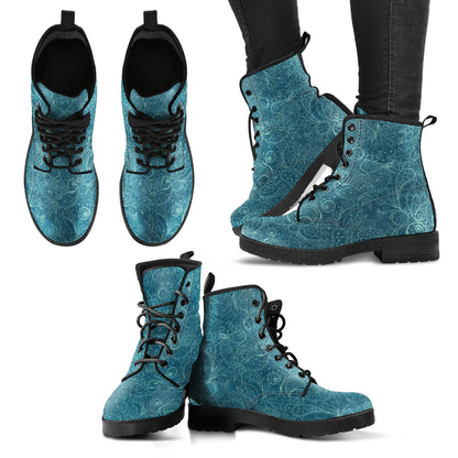 Blue Grey Decor Womens Boots, Fashion Combat Boots, Vegan Leather Boots, Custom Shoes, Custom Boots, Cool Shoes