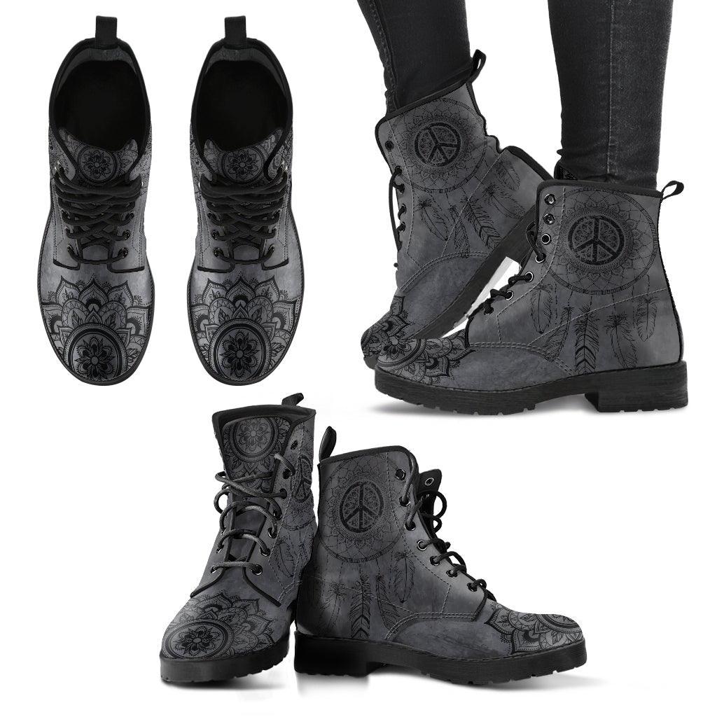 Peace sign and dreamcatcher printed boots, paired product view