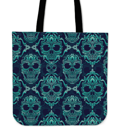 Green Skulls Pattern Canvas Tote Bag