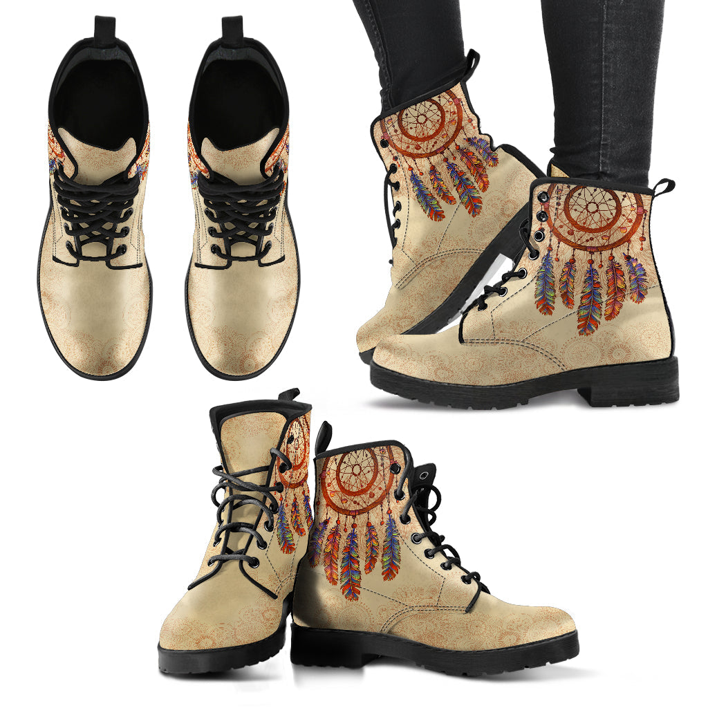 Beige Boho Dream Catcher Womens Boots Fashion Combat Boots, Vegan Leather Boots, Custom Shoes, Custom Boots, Cool Shoes
