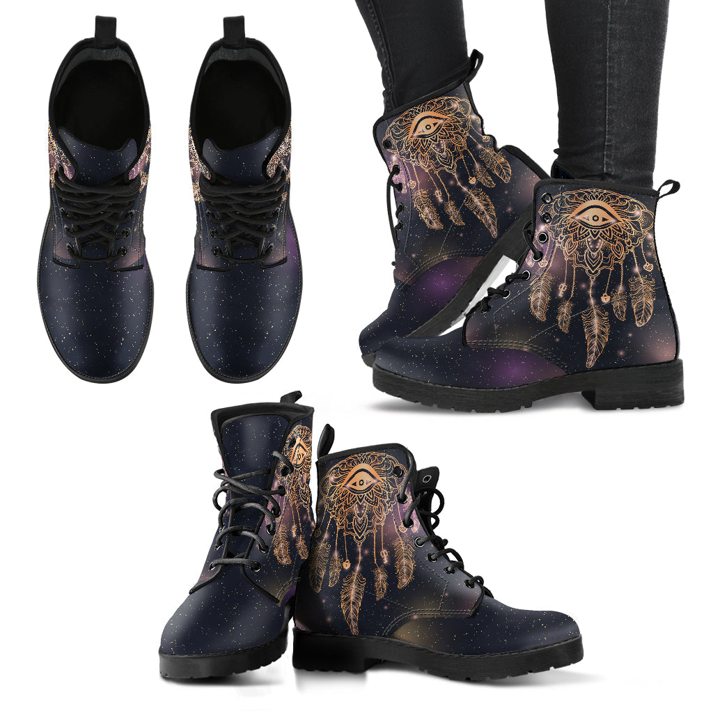 Boho Dream Catcher Eye Womens Boots, Fashion Combat Boots, Vegan Leather Boots, Custom Shoes, Custom Boots, Cool Shoes