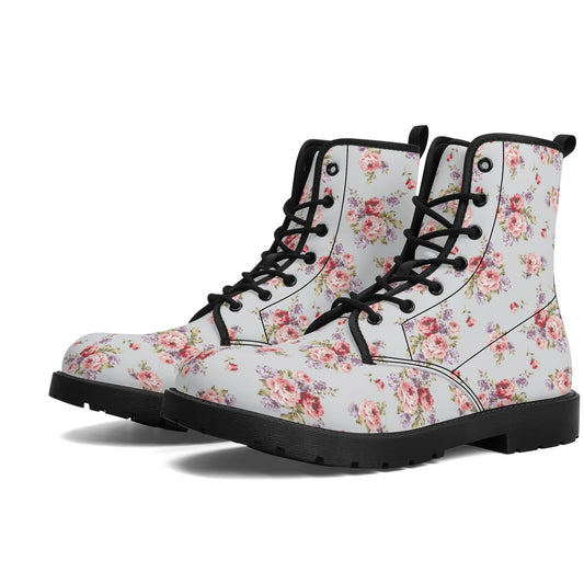 Grey Pink Rose Floral Print Women's Leather Boots