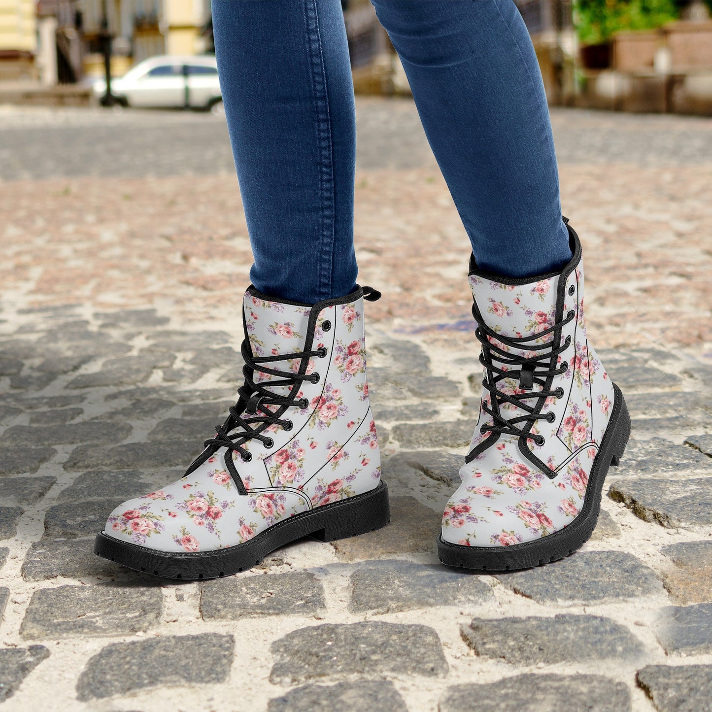 Gray & Pink Rose Printed Boots