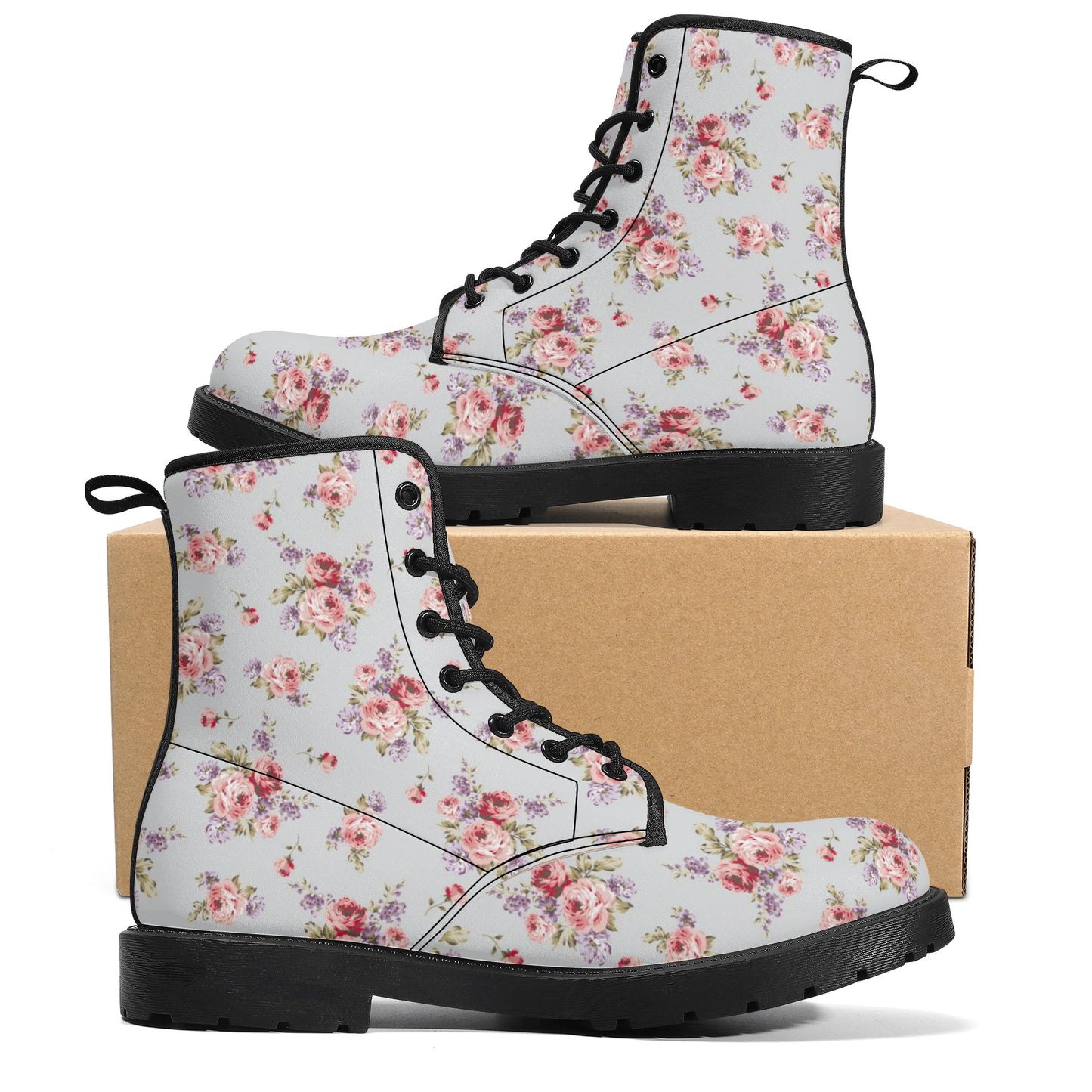 Gray & Pink Rose Printed Boots