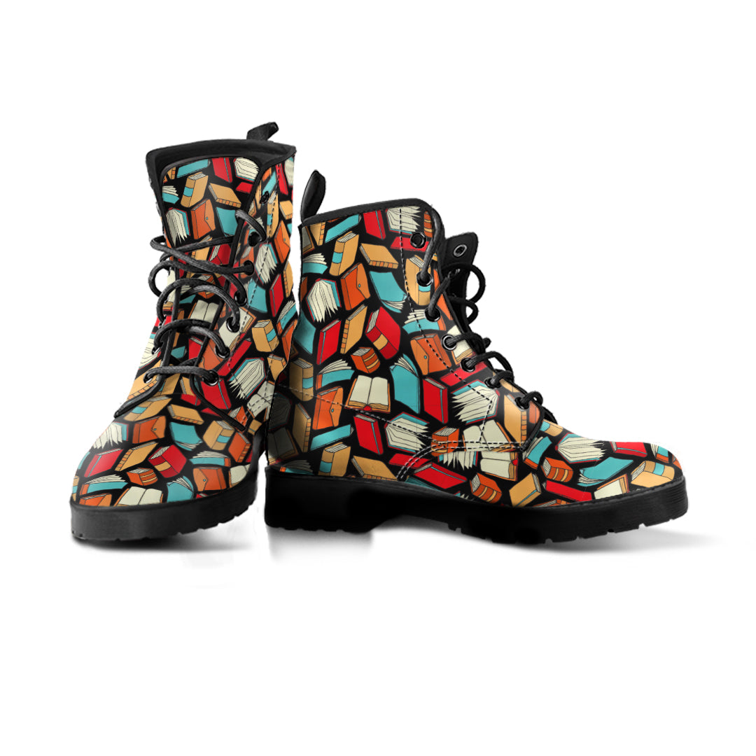 Book Lovers Pattern -  Boots, Fashion Combat Boots, Vegan Leather Boots, Custom Shoes, Custom Boots, Cool Shoes