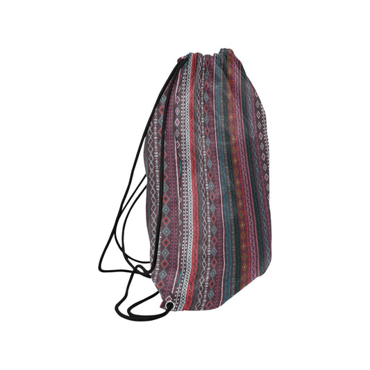 Red Boho Stripes Drawstring Bag