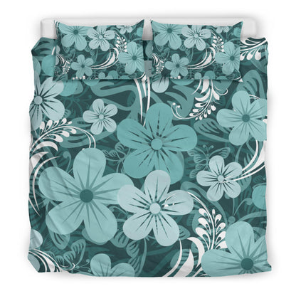 Light Green Teal Aloha Flowers Bedding Set